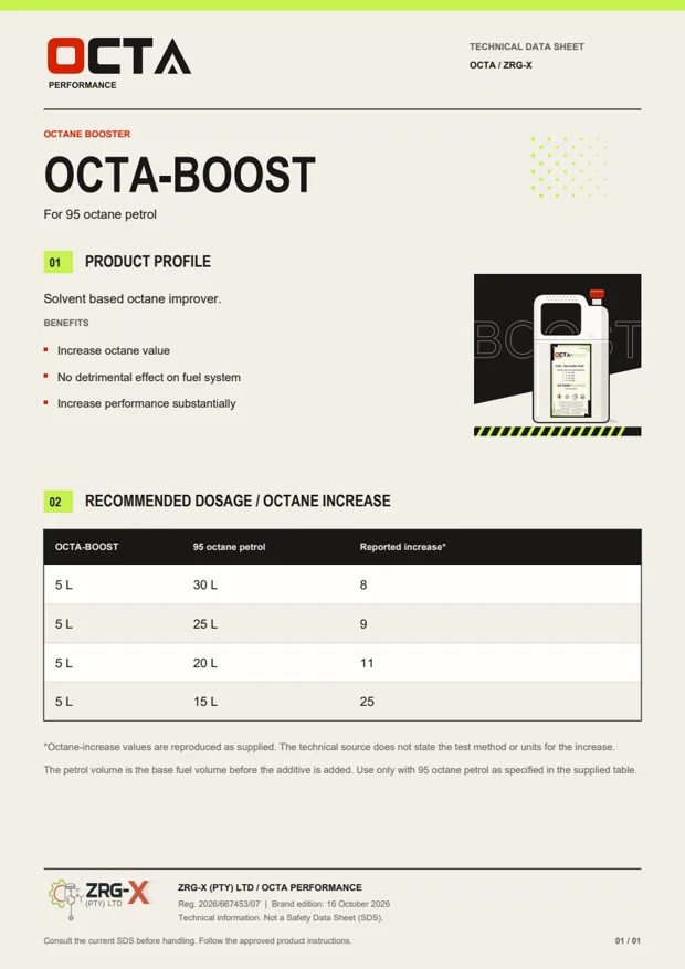 OCTA-BOOST technical data sheet with OCTA and ZRG-X branding