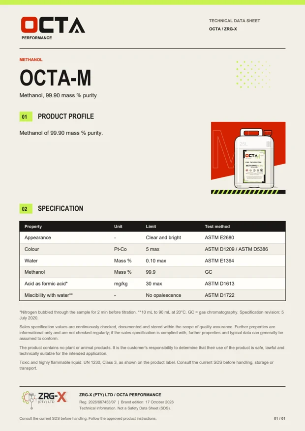 OCTA-M technical data sheet with OCTA and ZRG-X branding