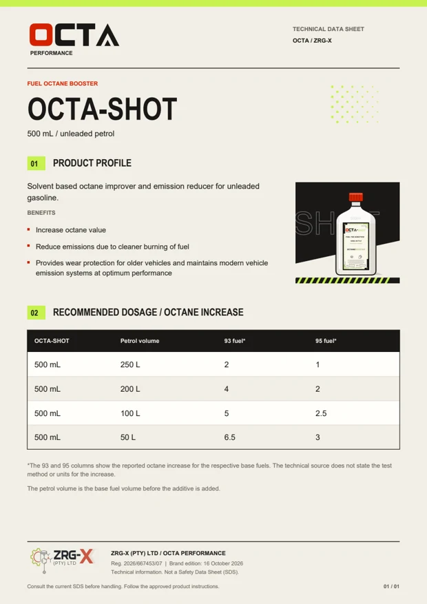 OCTA-SHOT technical data sheet with OCTA and ZRG-X branding