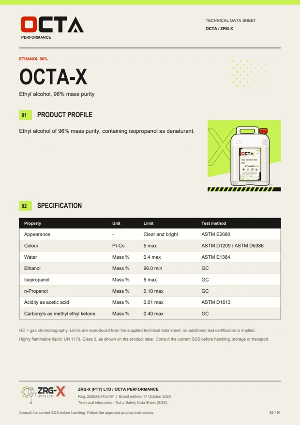 OCTA-X technical data sheet with OCTA and ZRG-X branding